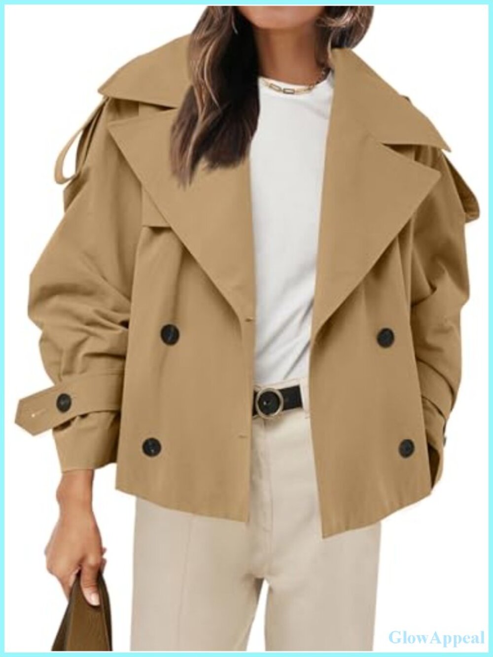 Cropped Trench Coat Double Breasted Windbreaker with Belt Long Sleeve